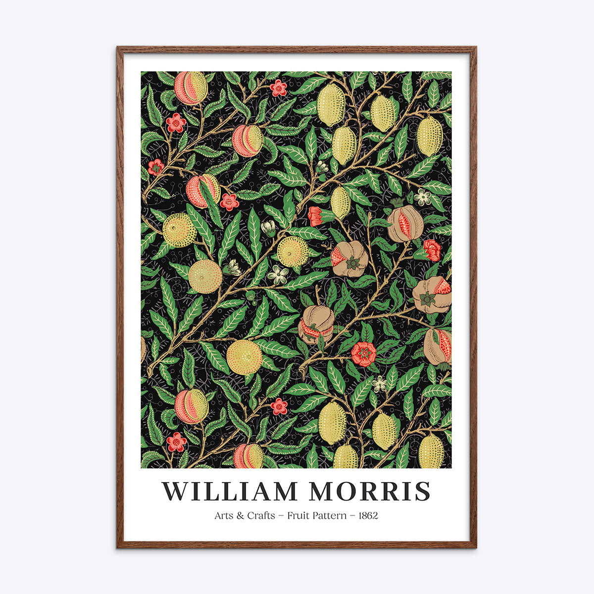 William Morris plakat med frugtmønster fra 1882 i en mørk naturtræsramme.