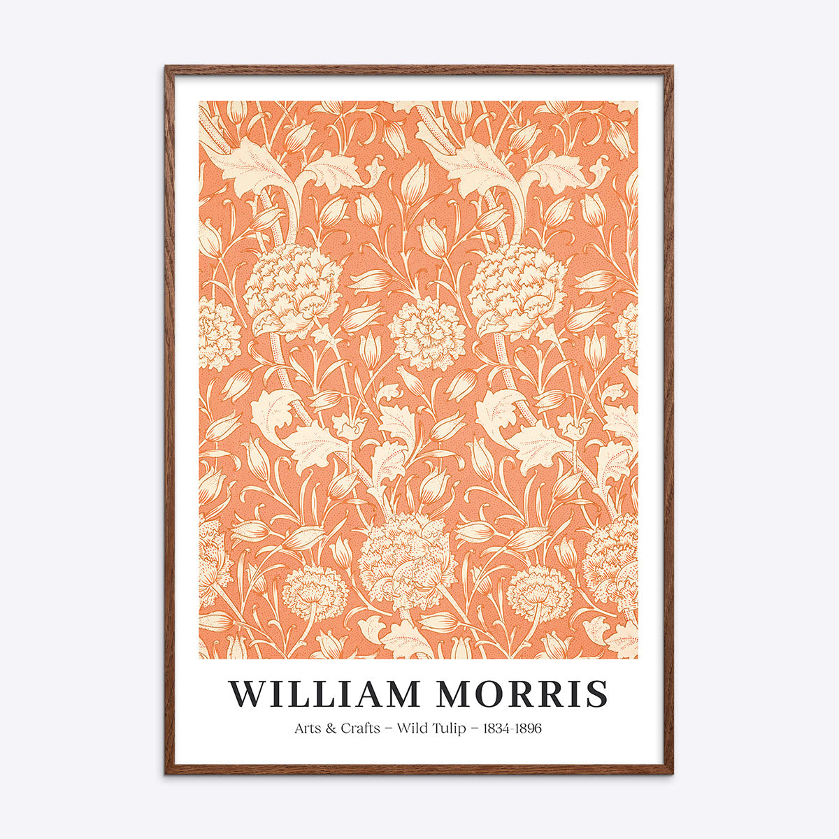 William Morris plakat med titlen "Wild Tulip" i en mørk naturtræsramme.