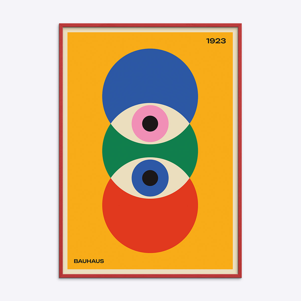 Plakat med Bauhaus-design fra 1923 i en rød træramme, med geometriske former og farver.
