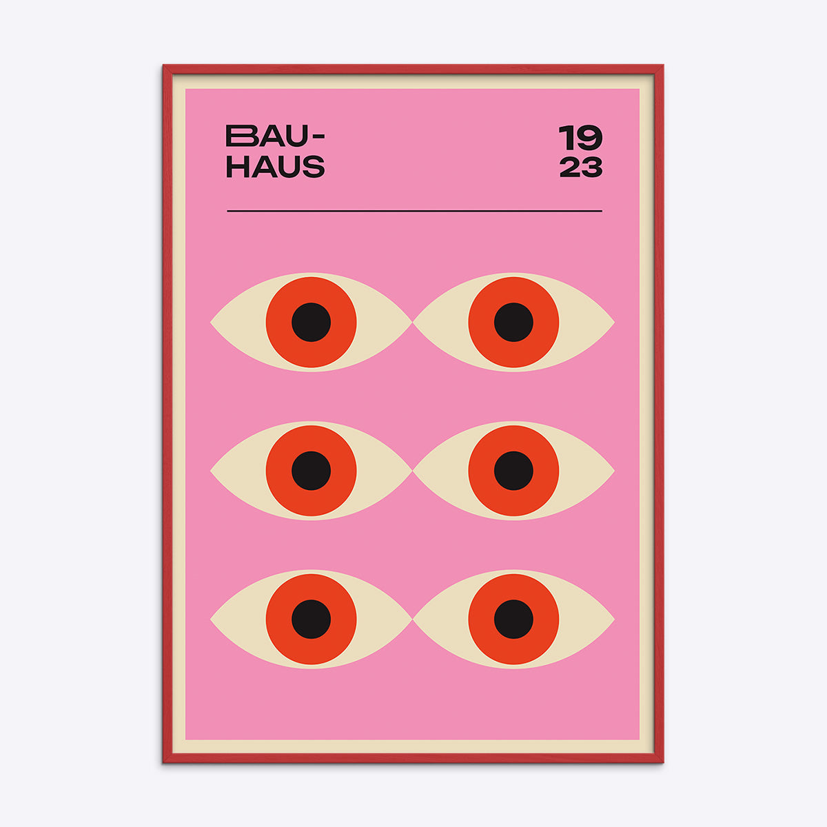 Plakat med Bauhaus-design fra 1923, viser seks stiliserede øjne på en lyserød baggrund, indrammet i en rød træramme.