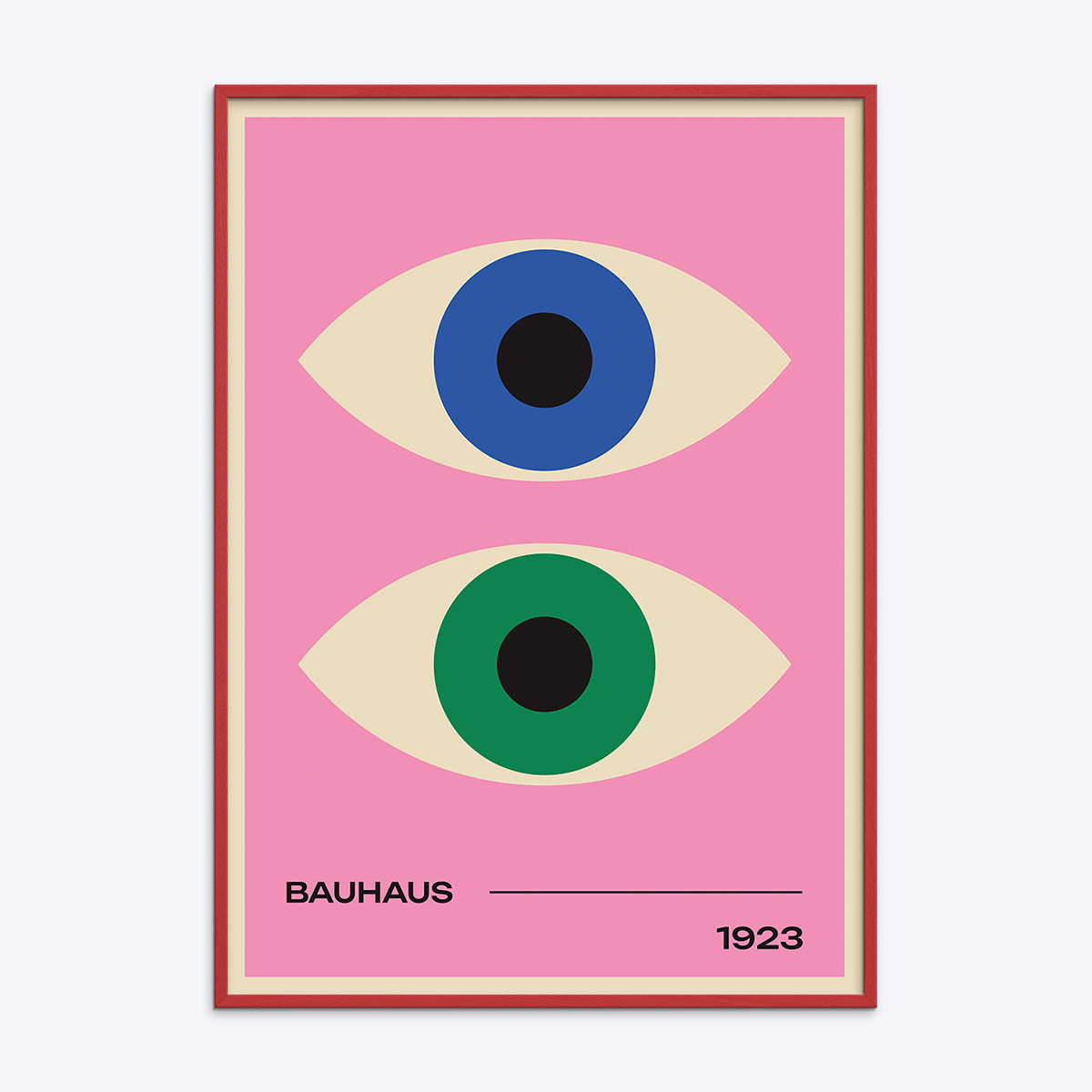 Plakat med to stiliserede øjne i blå og grøn på en lyserød baggrund, med teksten "BAUHAUS 1923" nederst.