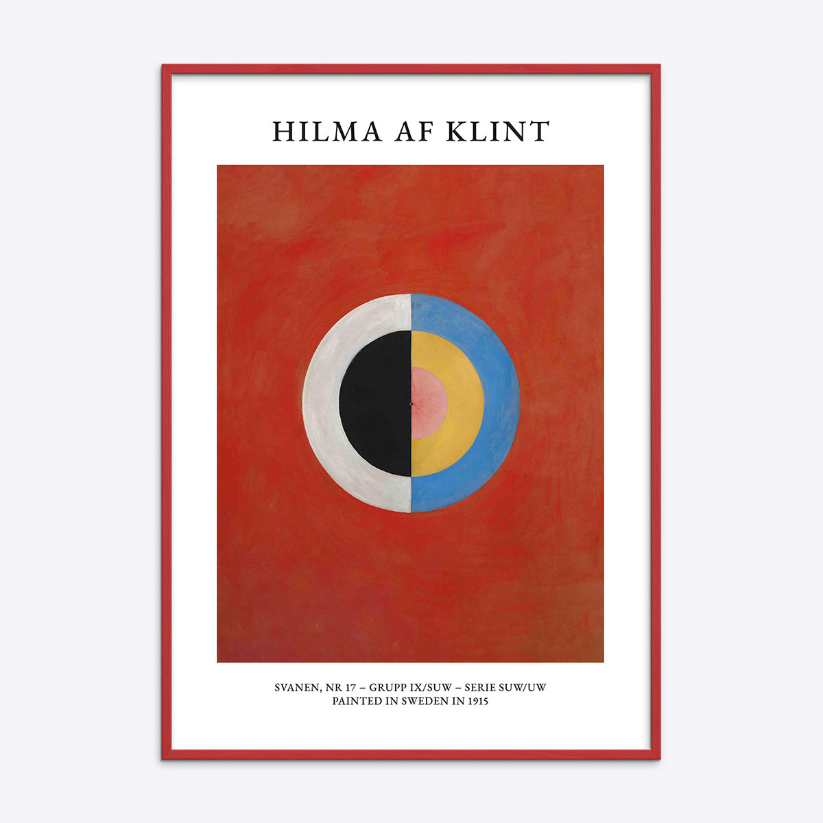 Hilma af Klint plakat med rød ramme, featuring "Svanen, Nr. 17" fra serien SUW/UW, malet i Sverige i 1915.