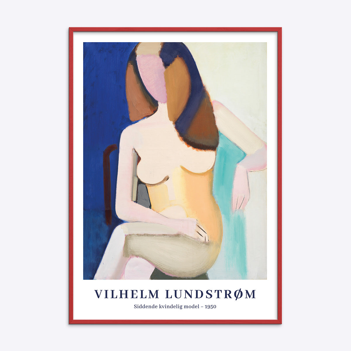 Plakat af Vilhelm Lundstrøm med titlen "Siddende kvindelig model - 1950" i en rød træramme.