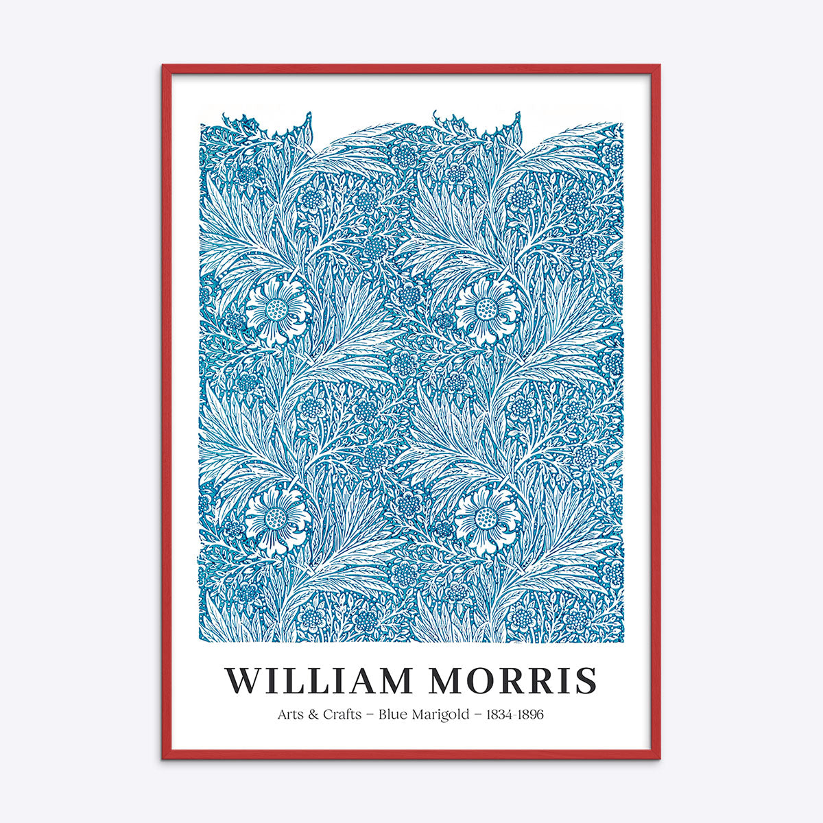 Plakat med et blåt blomstermønster af William Morris, kaldet "Arts & Crafts – Blue Marigold – 1834-1896", indrammet i en rød træramme.