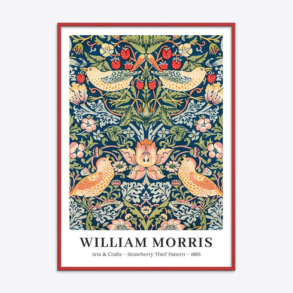 William Morris plakat med "Strawberry Thief" mønster fra 1883, indrammet i rød træramme.