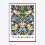 William Morris plakat med "Strawberry Thief" mønster fra 1883, indrammet i rød træramme.