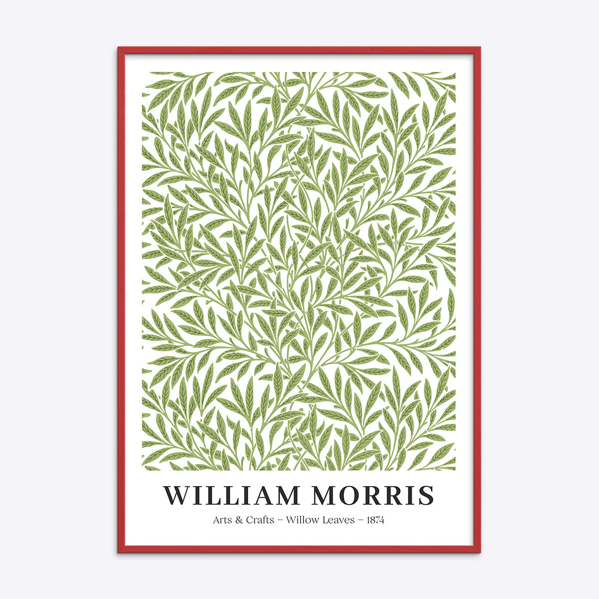 William Morris plakat med titlen "Willow Leaves" fra 1874, indrammet i en rød træramme.