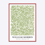 William Morris plakat med titlen "Willow Leaves" fra 1874, indrammet i en rød træramme.