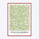 William Morris plakat med titlen "Willow Leaves" fra 1874, indrammet i en rød træramme.