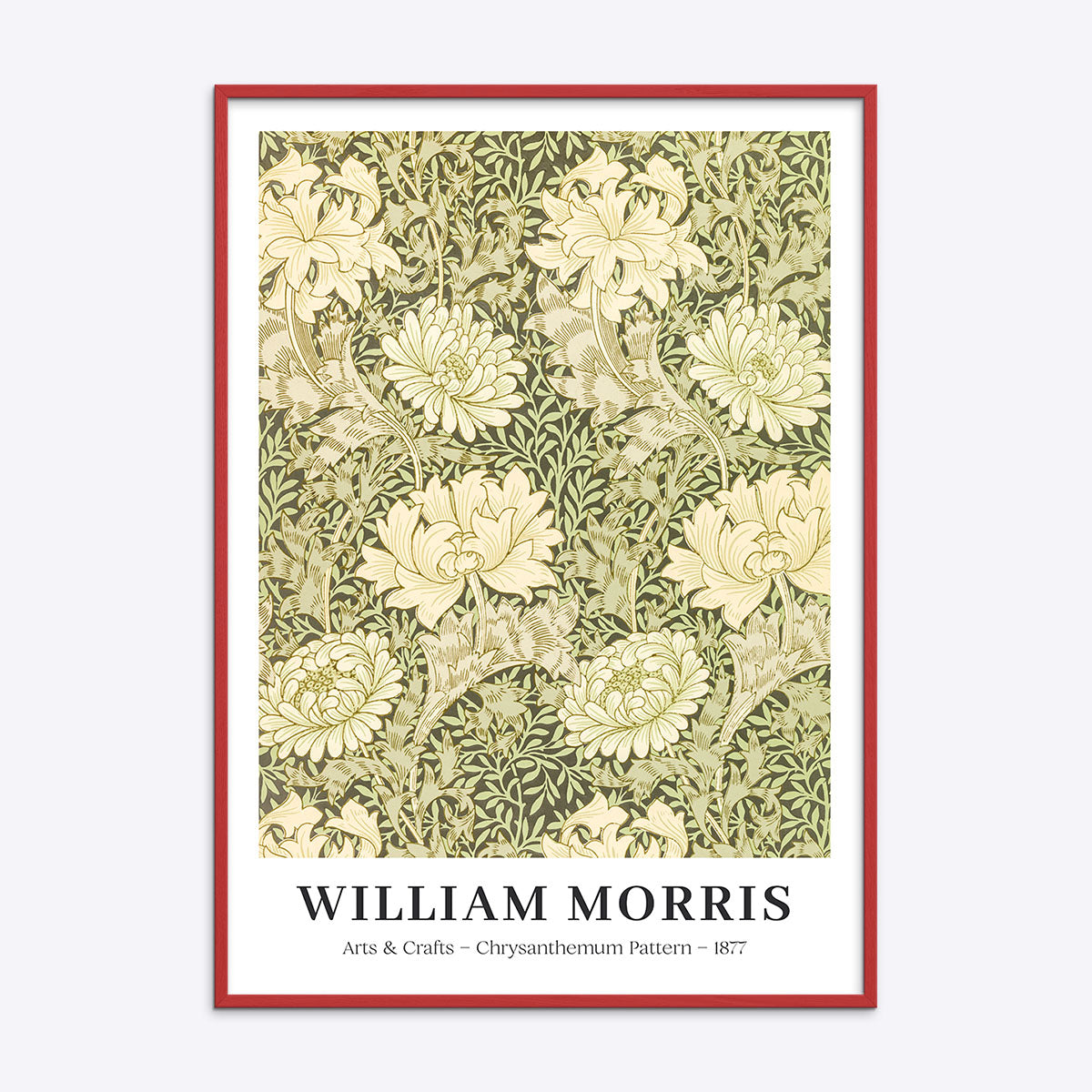 William Morris plakat med krysantemum mønster i en rød træramme.
