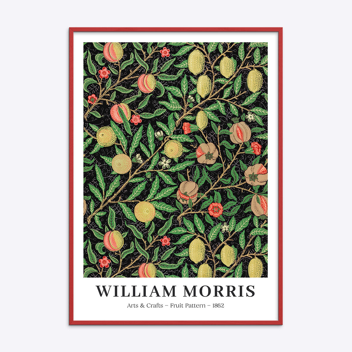 William Morris plakat med frugtmønster fra 1882 i en rød træramme.