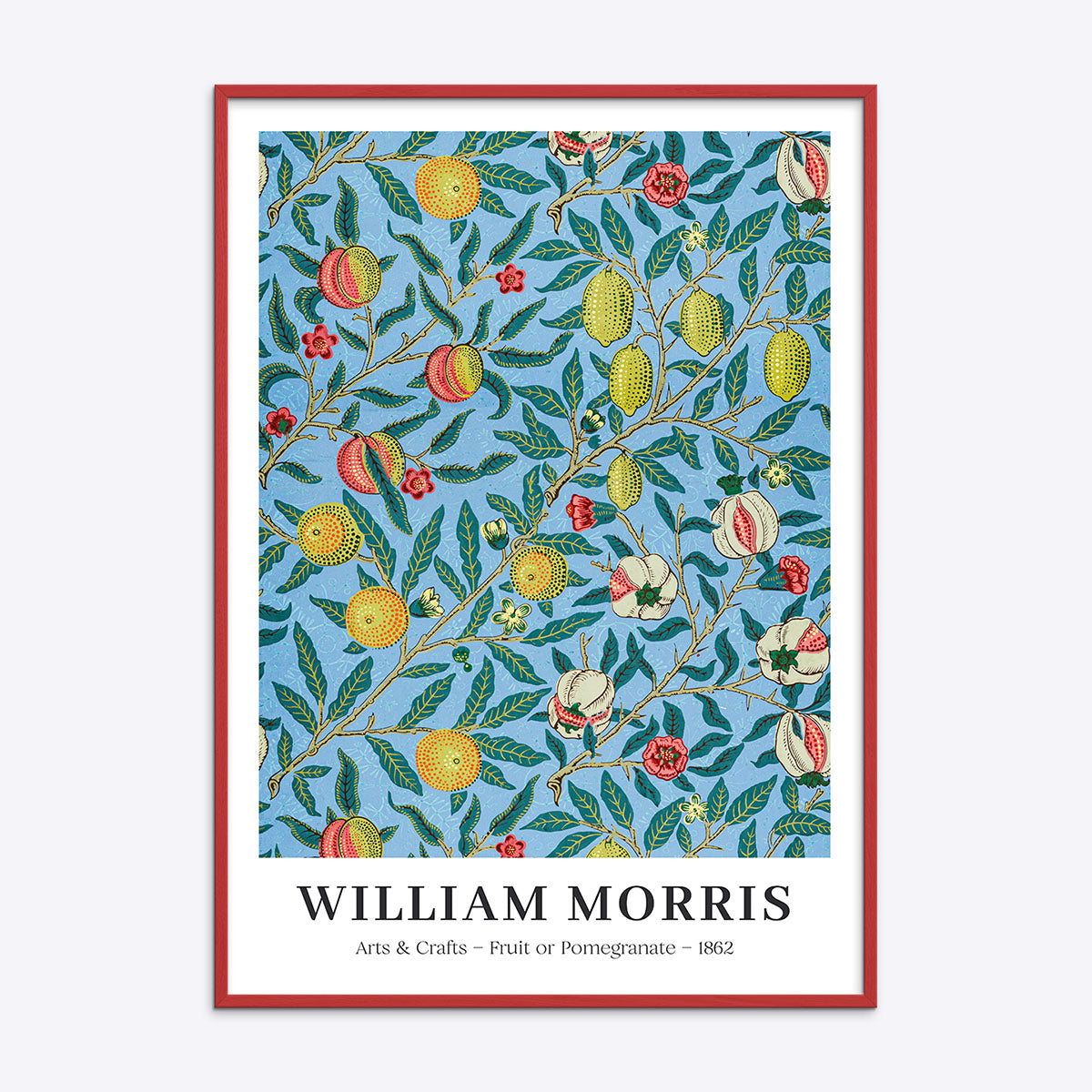 William Morris plakat med frugt- og granatæblemotiv i en rød træramme.