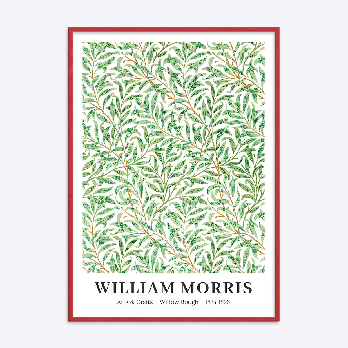 William Morris plakat med "Willow Bough" design i en rød træramme.