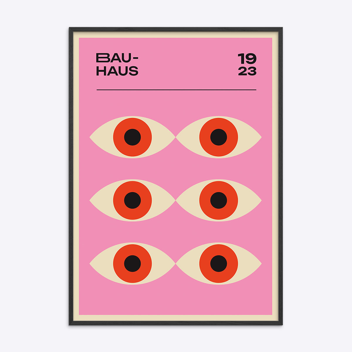 Plakat med Bauhaus-design fra 1923, viser seks stiliserede øjne på en lyserød baggrund, indrammet i sort træramme.