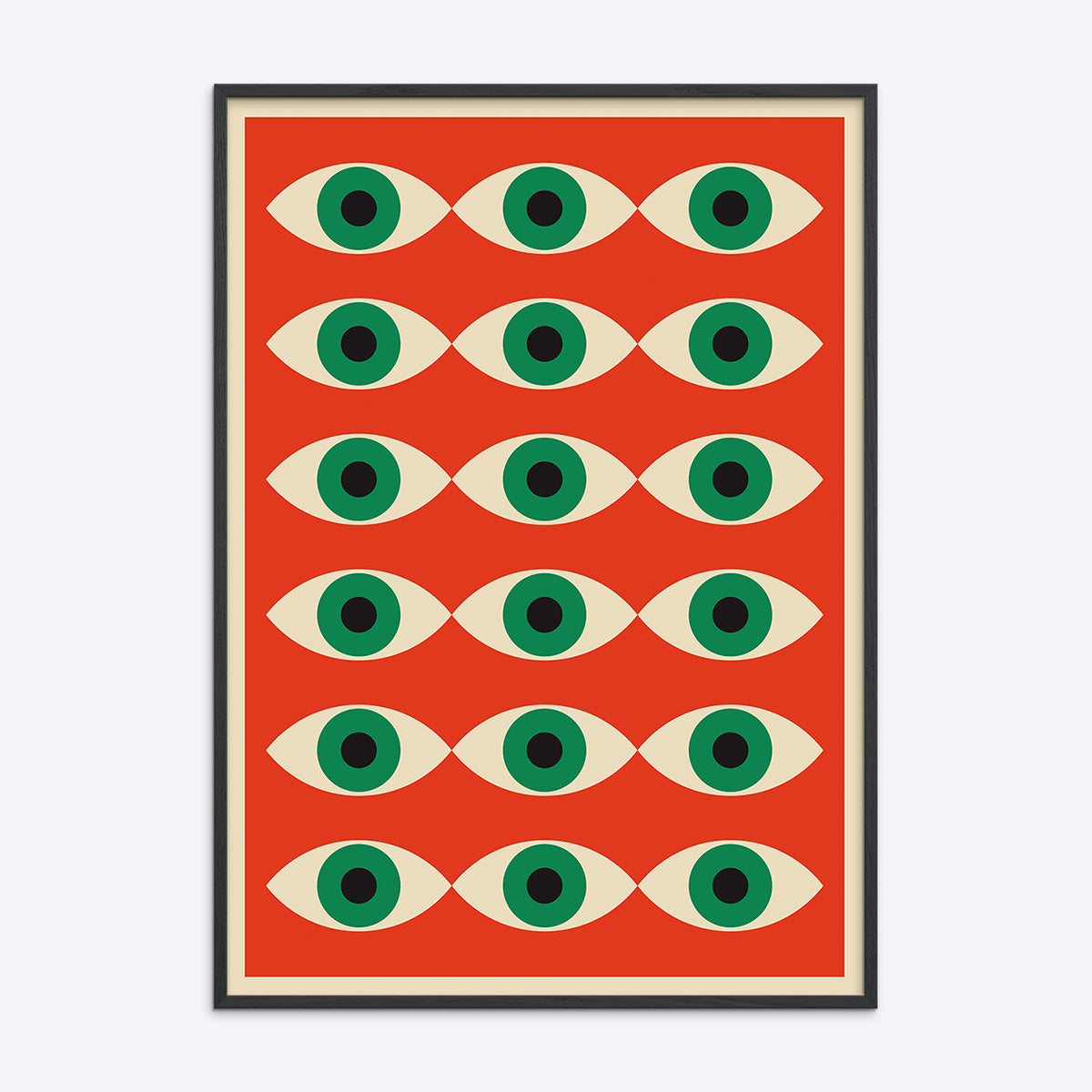 Plakat i sort træramme med et Bauhaus-inspireret design af gentagne øjenmotiver på en rød baggrund.
