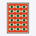 Plakat i sort træramme med et Bauhaus-inspireret design af gentagne øjenmotiver på en rød baggrund.