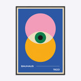 Plakat i sort træramme med Bauhaus-design fra 1923, featuring geometriske former i pink, gul og blå.