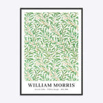 Plakat med grønne blade i et mønster, designet af William Morris, med teksten "Willow Bough" og årstallene 1834-1896, indrammet i sort træramme.