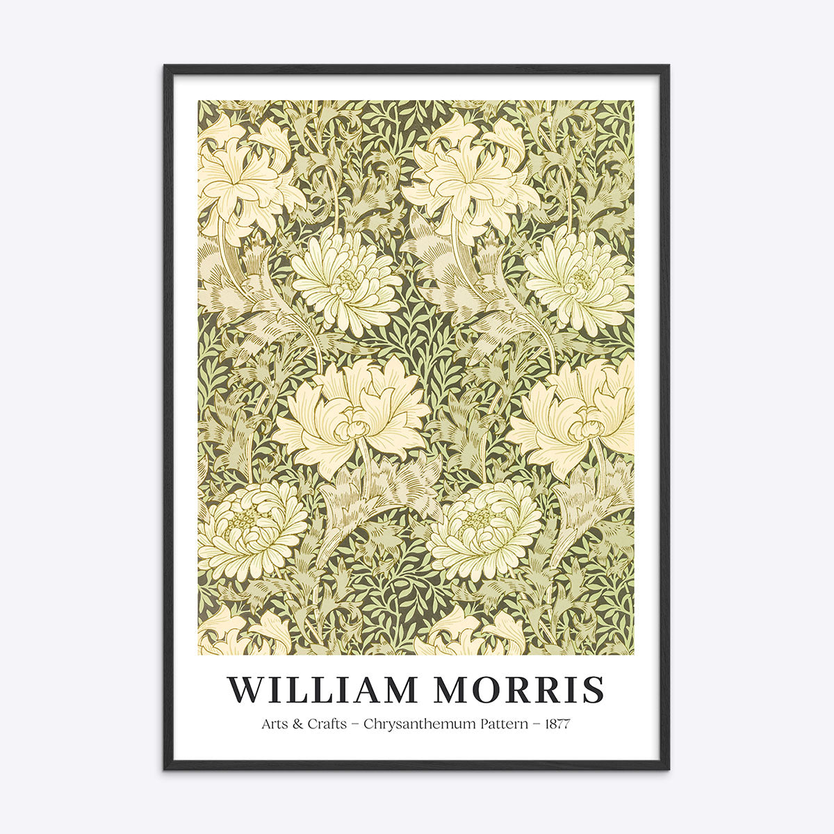 William Morris plakat med krysantemum mønster i sort træramme.