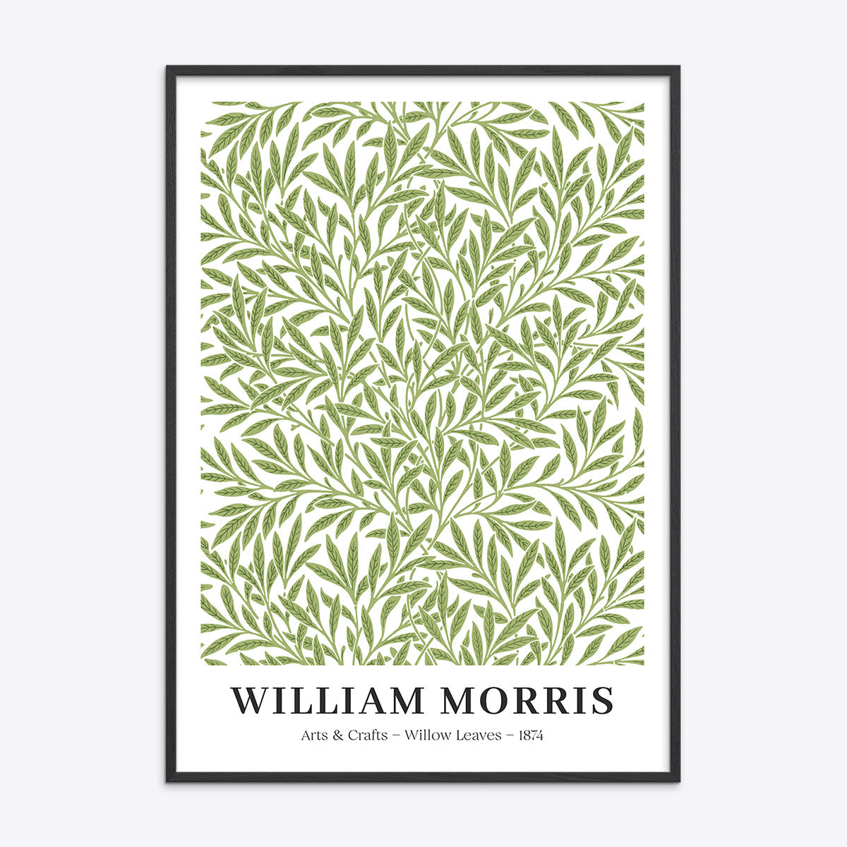 William Morris plakat med titlen "Willow Leaves" fra 1874, indrammet i sort træramme.