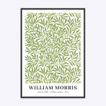 William Morris plakat med titlen "Willow Leaves" fra 1874, indrammet i sort træramme.
