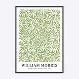 William Morris plakat med titlen "Willow Leaves" fra 1874, indrammet i sort træramme.