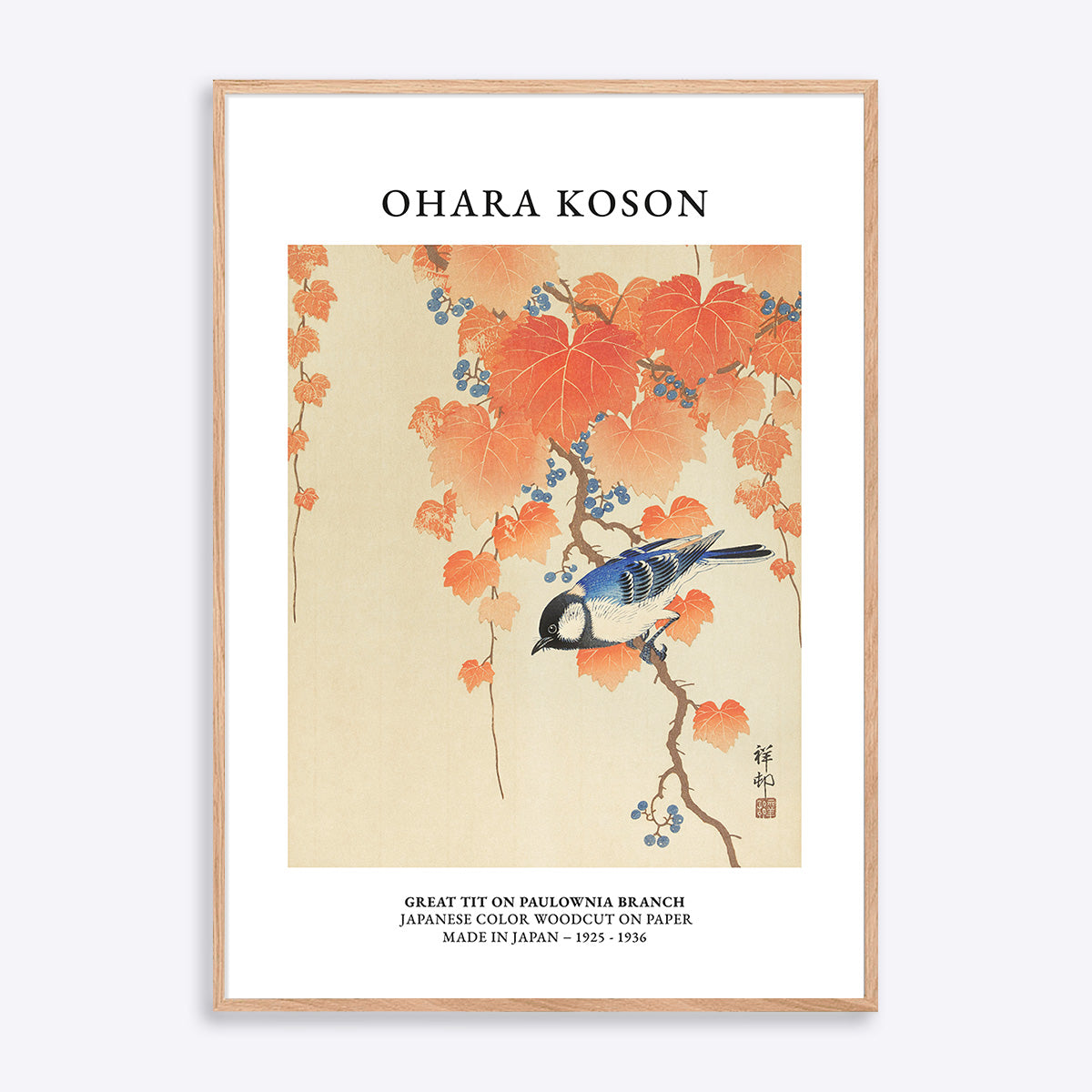 Plakat af Ohara Koson med en mejse på en gren med orange blade, indrammet i naturtræsramme.