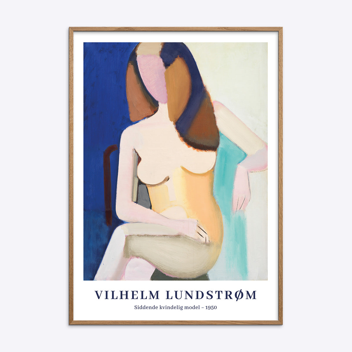Plakat af Vilhelm Lundstrøm med titlen "Siddende kvindelig model - 1950" i en egetræsramme.