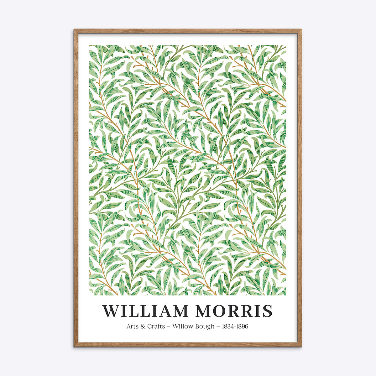Plakat med William Morris' "Willow Bough" design, indrammet i naturlig træramme.