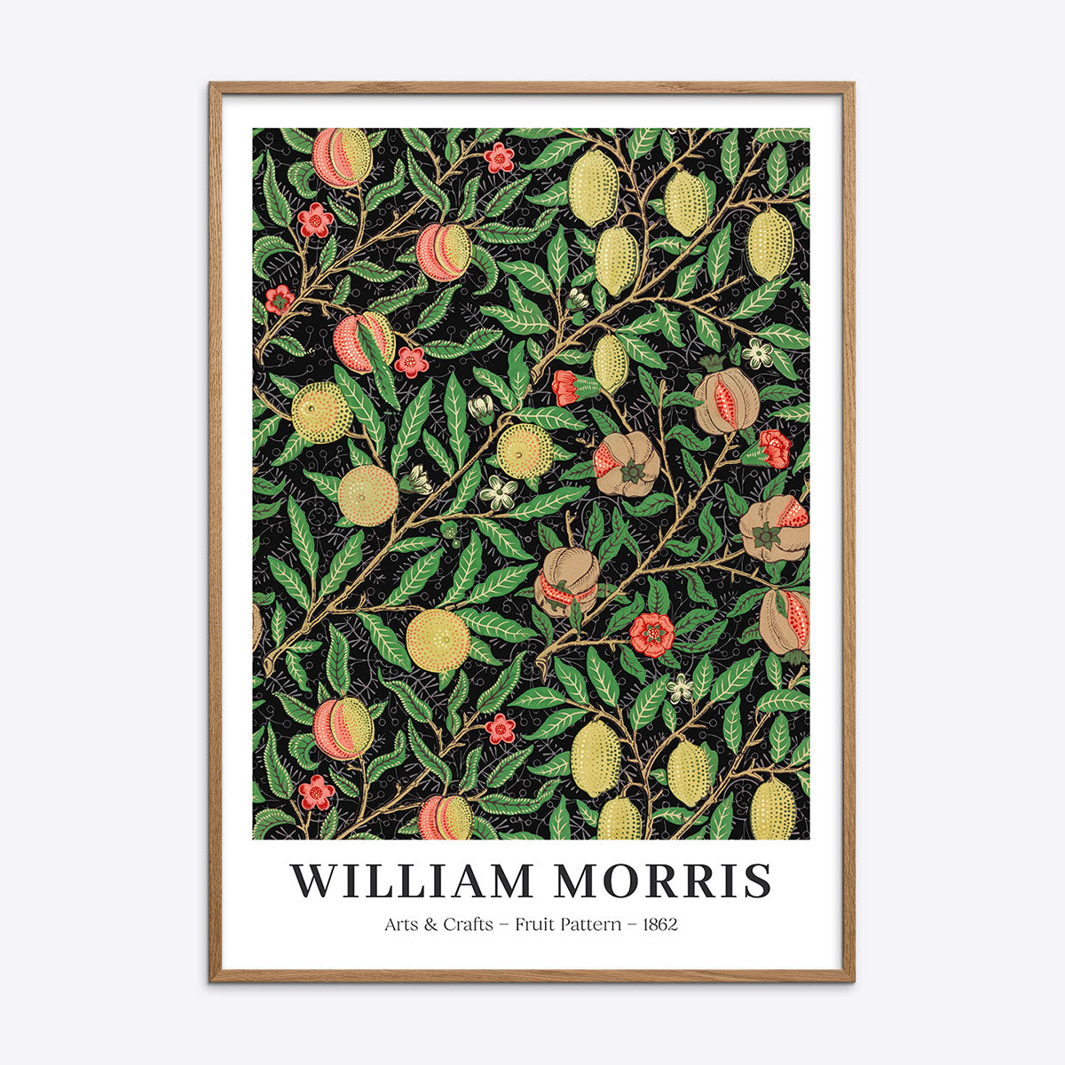 William Morris plakat med frugtmønster fra 1882 i en naturtræsramme.
