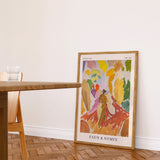 Plakat af Edward Weie med titlen "Faun & Nymfe" lænet op ad en væg i en stue.