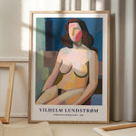Plakat af Vilhelm Lundstrøm med titlen "Siddende kvindelig model - 1940" placeret på gulv med skygge fra vindue.