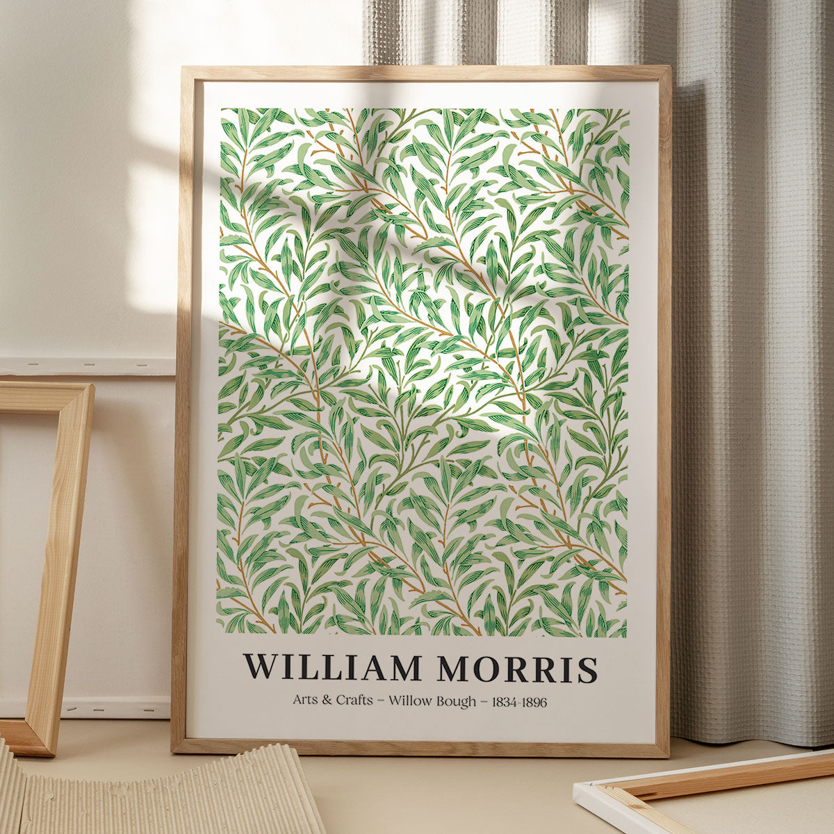 Plakat af William Morris med titlen "Willow Bough", viser et grønt bladmønster.