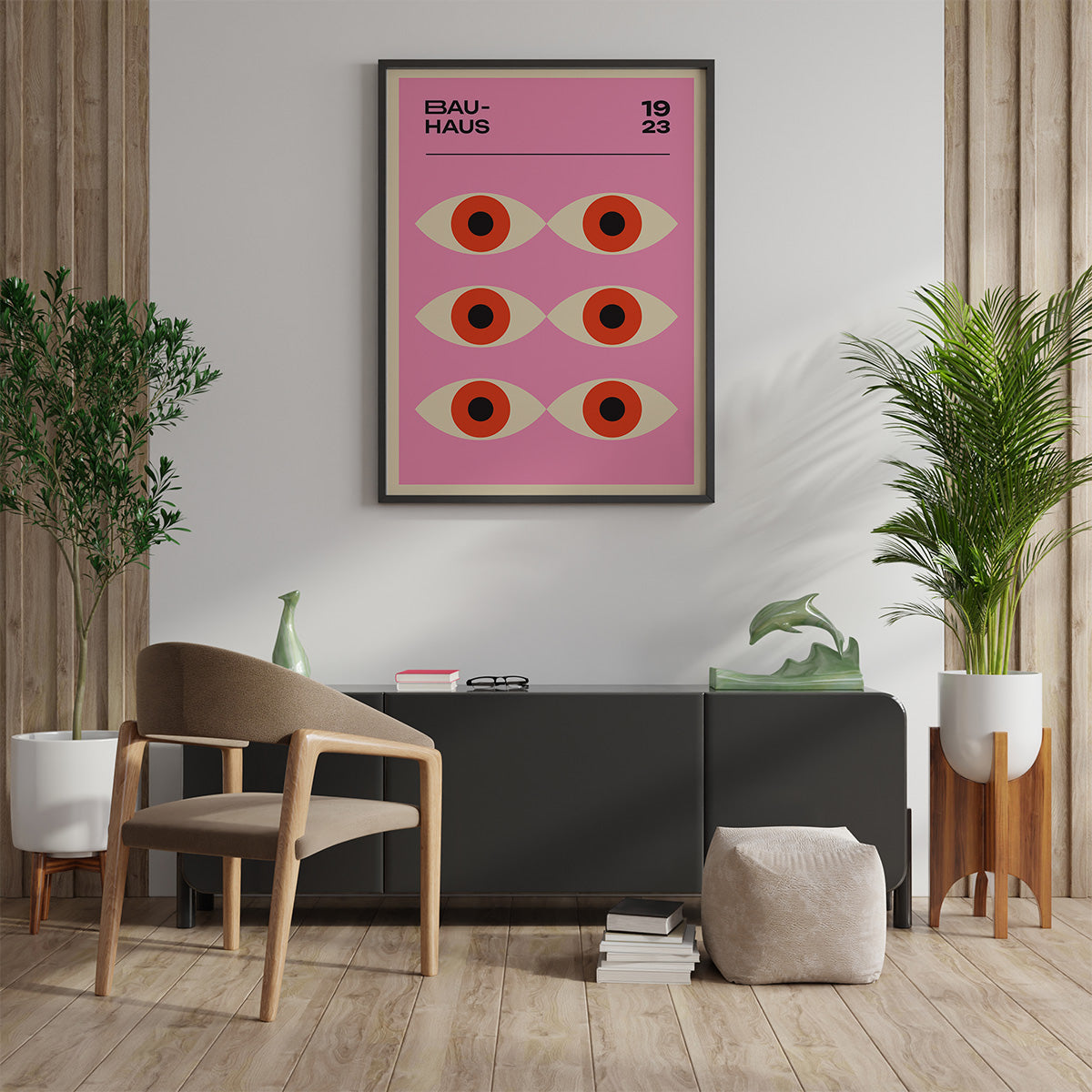 Bauhaus plakat med et geometrisk design af øjne i en moderne stueindretning.