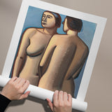 Plakat med to nøgne figurer i en kubistisk stil mod en blå baggrund, holdt af to hænder. Kunstner: Vilhelm Lundstrøm.