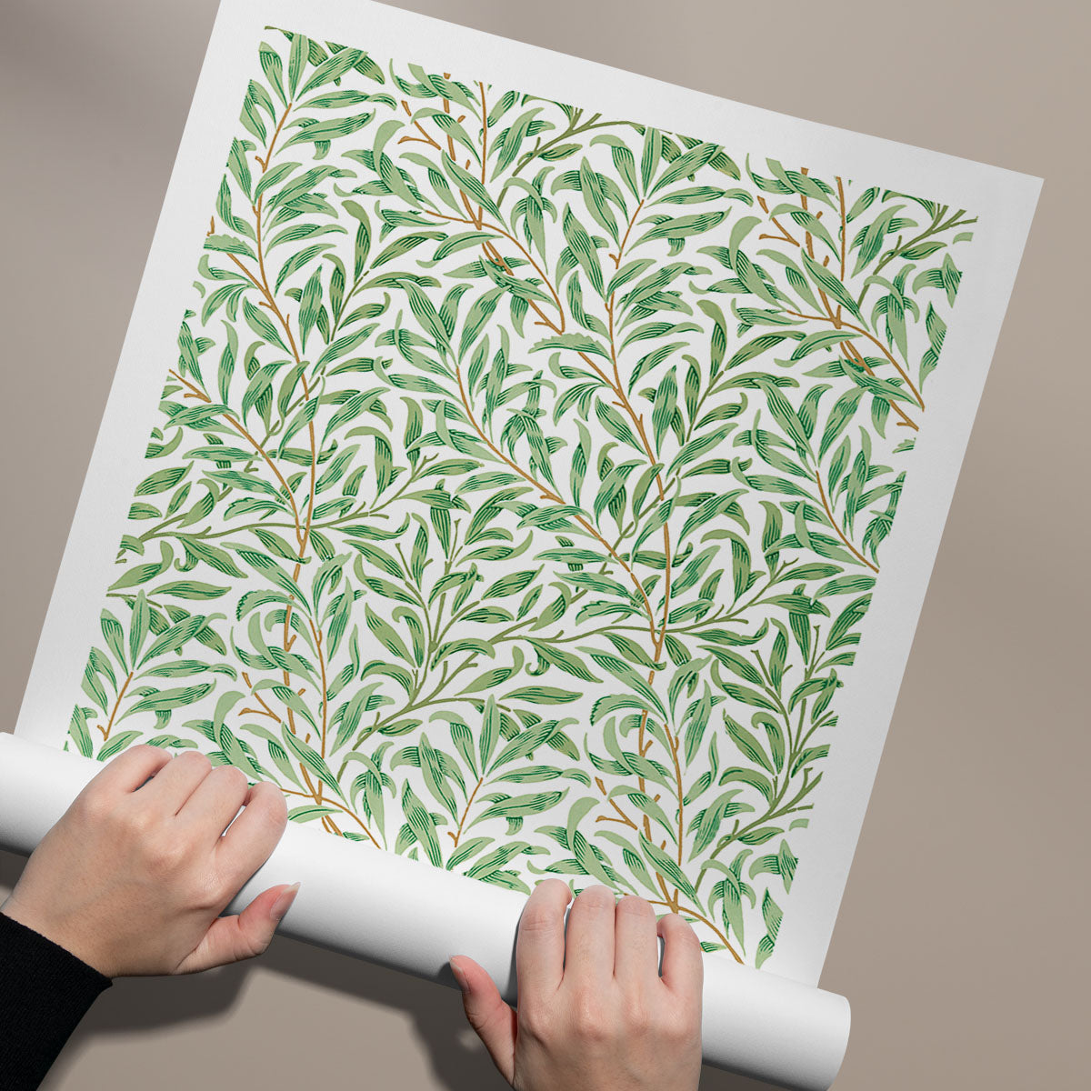 Plakat med et botanisk mønster af grønne blade på en hvid baggrund, designet af William Morris.