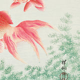 Illustration af guldfisk i vand med grønne planter, i traditionel asiatisk kunststil.