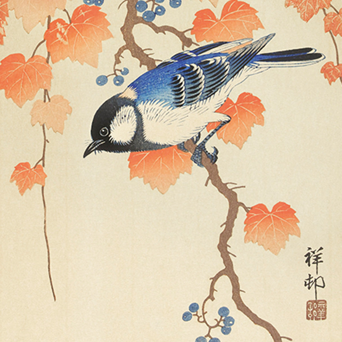 Zoom på Japansk træsnit plakat Great Tit