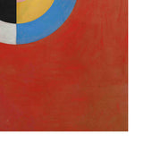 Hilma af Klint plakat med abstrakt design i røde, blå, gule og sorte farver.