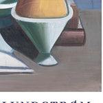 Maleri af skåle og geometriske former i dæmpede farver, med kunstnerens navn "Lundstrøm" synligt nederst.