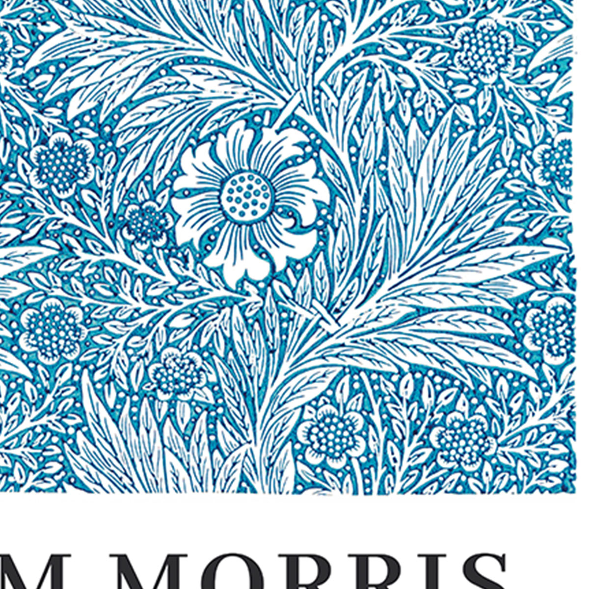 William Morris plakat med blomstermønster i blå og hvid.