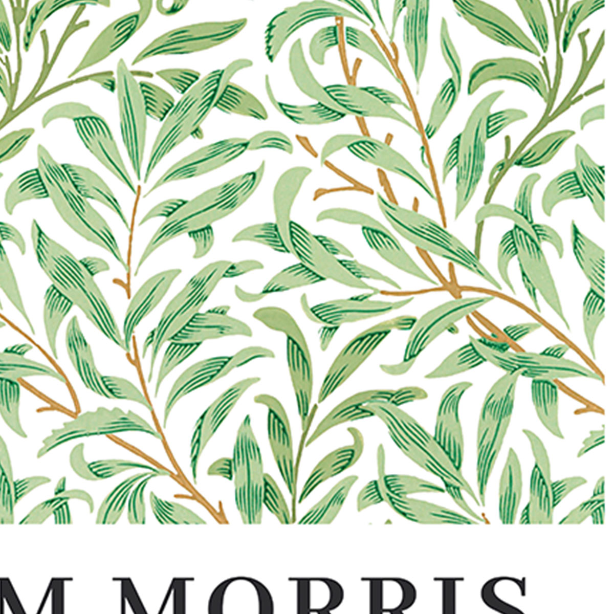 William Morris plakat med grønt bladmønster på hvid baggrund.
