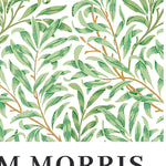 William Morris plakat med grønt bladmønster på hvid baggrund.