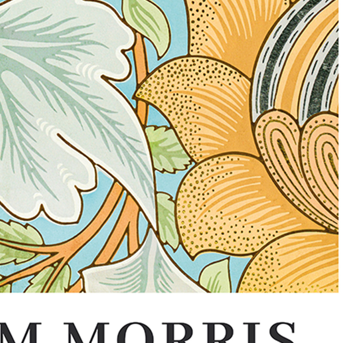 William Morris plakat med botanisk mønster i blå, grøn og gul.