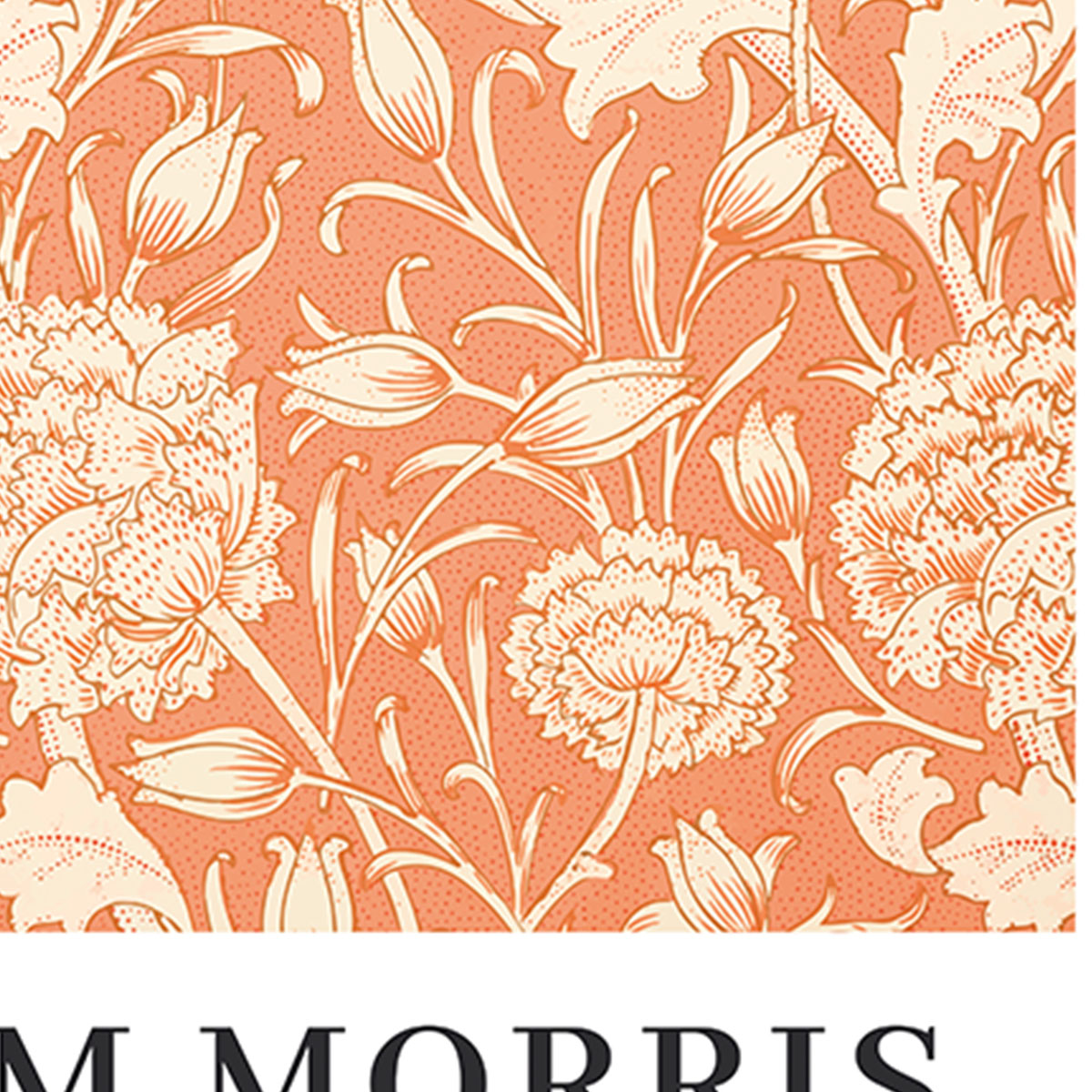 William Morris plakat med blomstermønster i orange og hvid.