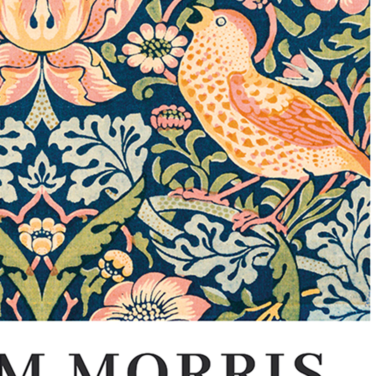 William Morris plakat med et detaljeret blomstermønster og en fugl i varme farver.