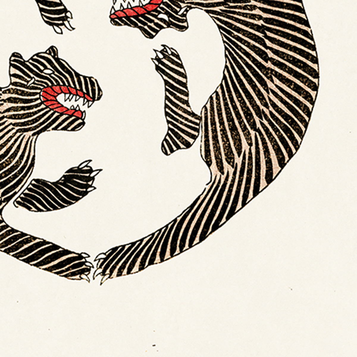 Illustration af to stiliserede tigre i sort og hvid med røde detaljer, der danner en cirkulær komposition.