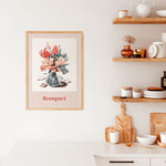 Plakat med blomsterbuket i vase, hængende på væg i moderne køkkenindretning.