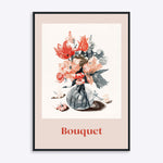Plakat med en buket blomster i en vase, med teksten "Bouquet" nederst.