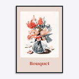 Plakat med en buket blomster i en vase, med teksten "Bouquet" nederst.